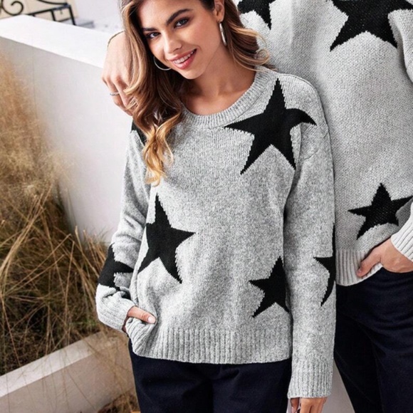 Star Print Gray Knit Sweater Pullover Long Sleeve Crew Neck - Picture 8 of 8